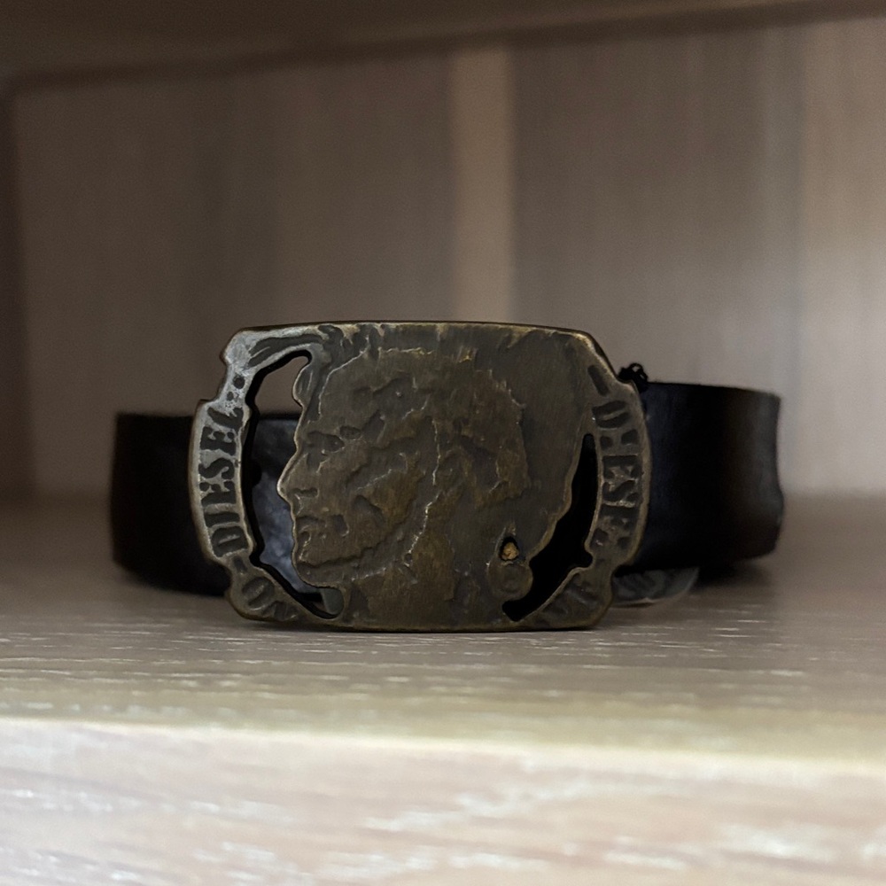 Diesel Black Leather Bracelet with Antique Bronze Plaque